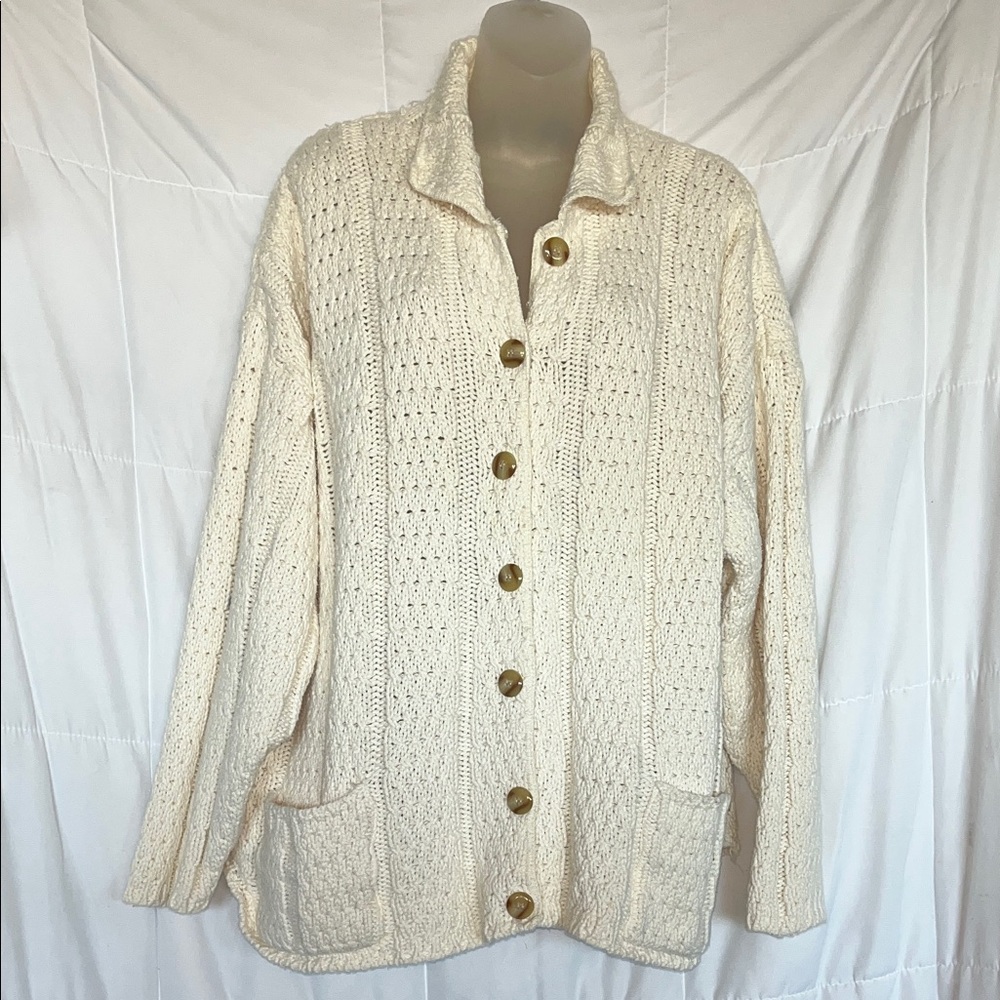 525 America Cream Cotton Knit Button Up Cardigan  M/L Classic Sweater